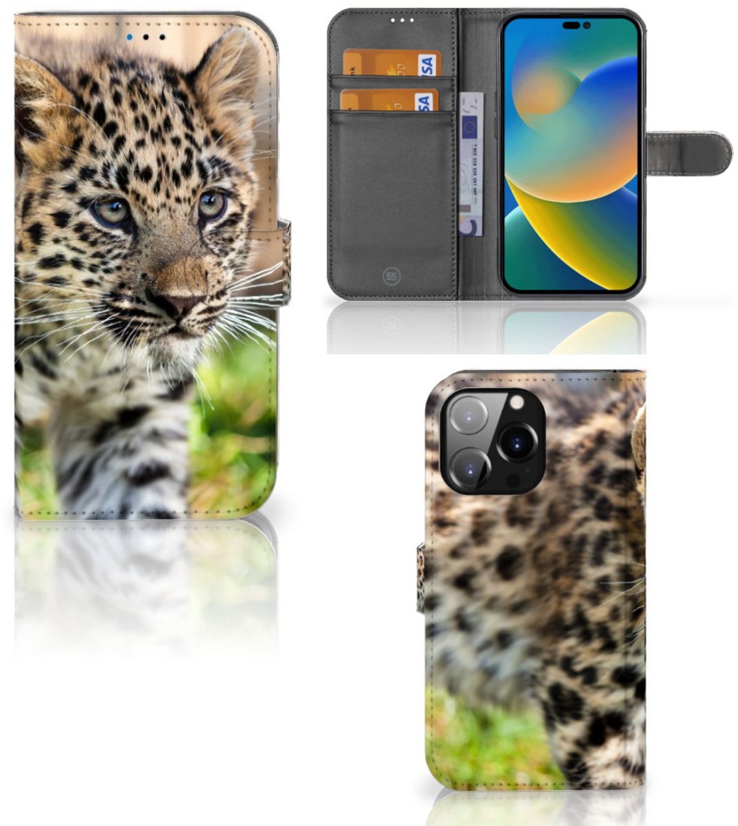 iPhone 14 Pro Max Telefoonhoesje met Pasjes Baby Luipaard