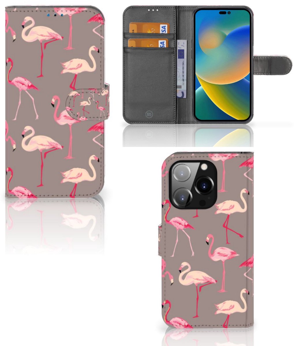 iPhone 14 Pro Telefoonhoesje met Pasjes Flamingo