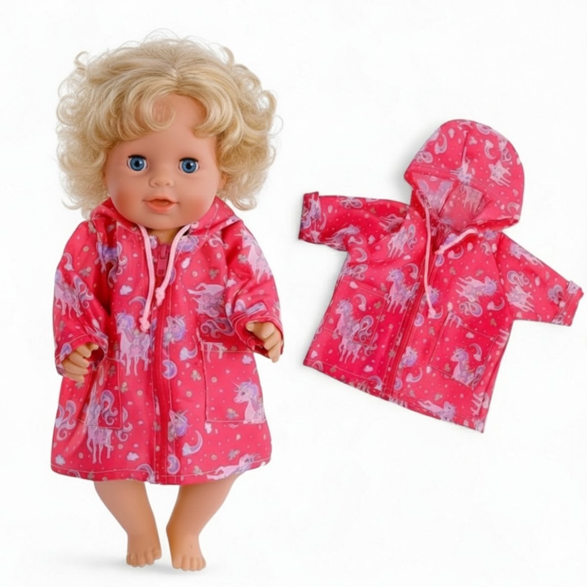 Poppenkleertjes voor babypop 43 cm - Roze eenhoorn regenjas - In cadeauzakje - Poppenkleding geschikt voor o.a. Baby Born pop