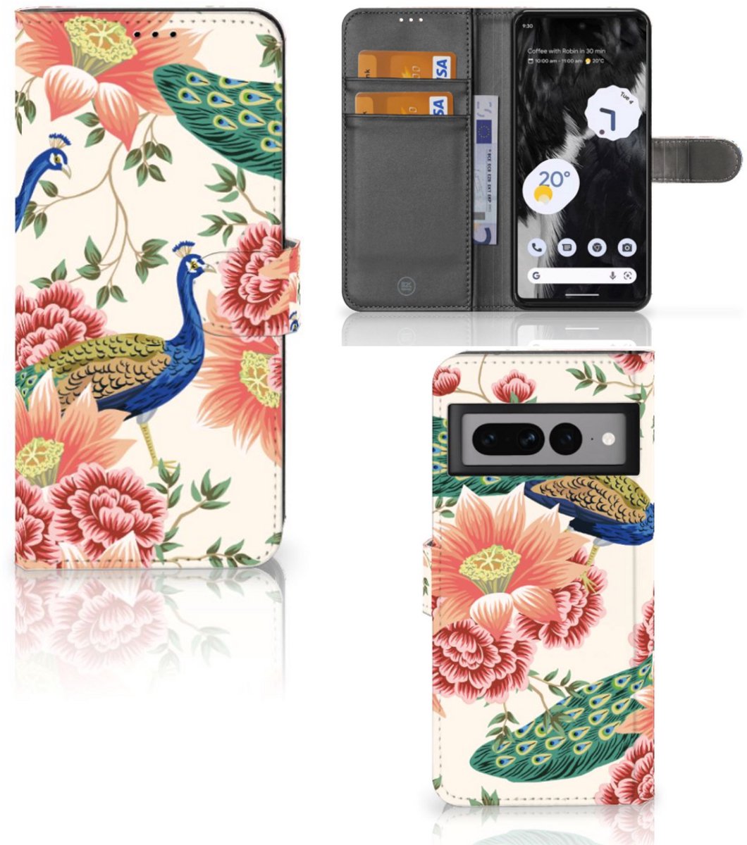 Telefoonhoesje met Pasjes voor Google Pixel 7 Pro Pink Peacock