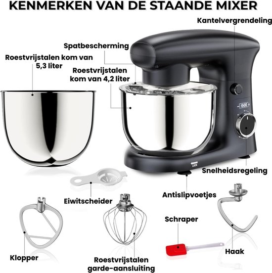 Keukenmachine Krachtige Motor & Stijlvol Design voor Perfecte Resultaten - Keukenrobot met 2 RVS Kommen 4L en 5L en 10 Snelheden - Keukenmixer Stil & Duurzaam voor Mixen en Kneden - Ideaal voor Bakken & Dagelijks Gebruik van Merkloos — afbeelding 3