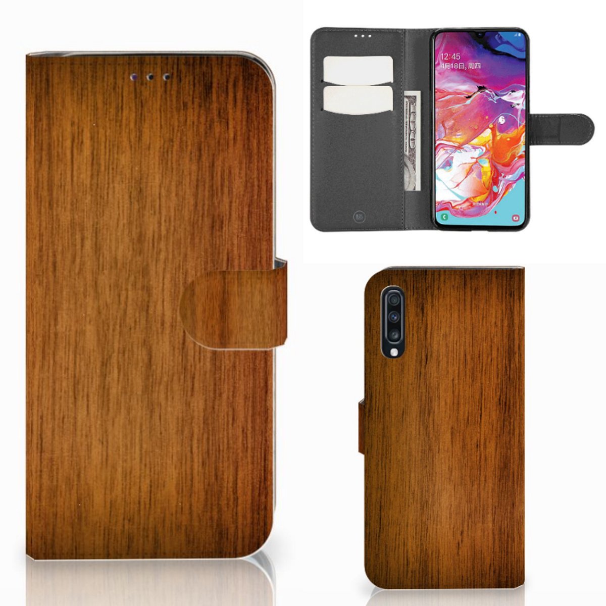 Samsung Galaxy A70 Book Style Case Donker Hout