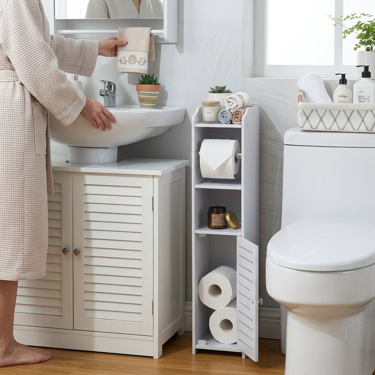 CHIWIN Badkamerkast met Toiletrolhouder – Smalle Opbergkast voor Kleine Ruimtes – Waterdicht PVC – Vrijstaand of Wandmontage – 15 x 17 x 80 cm – Wit