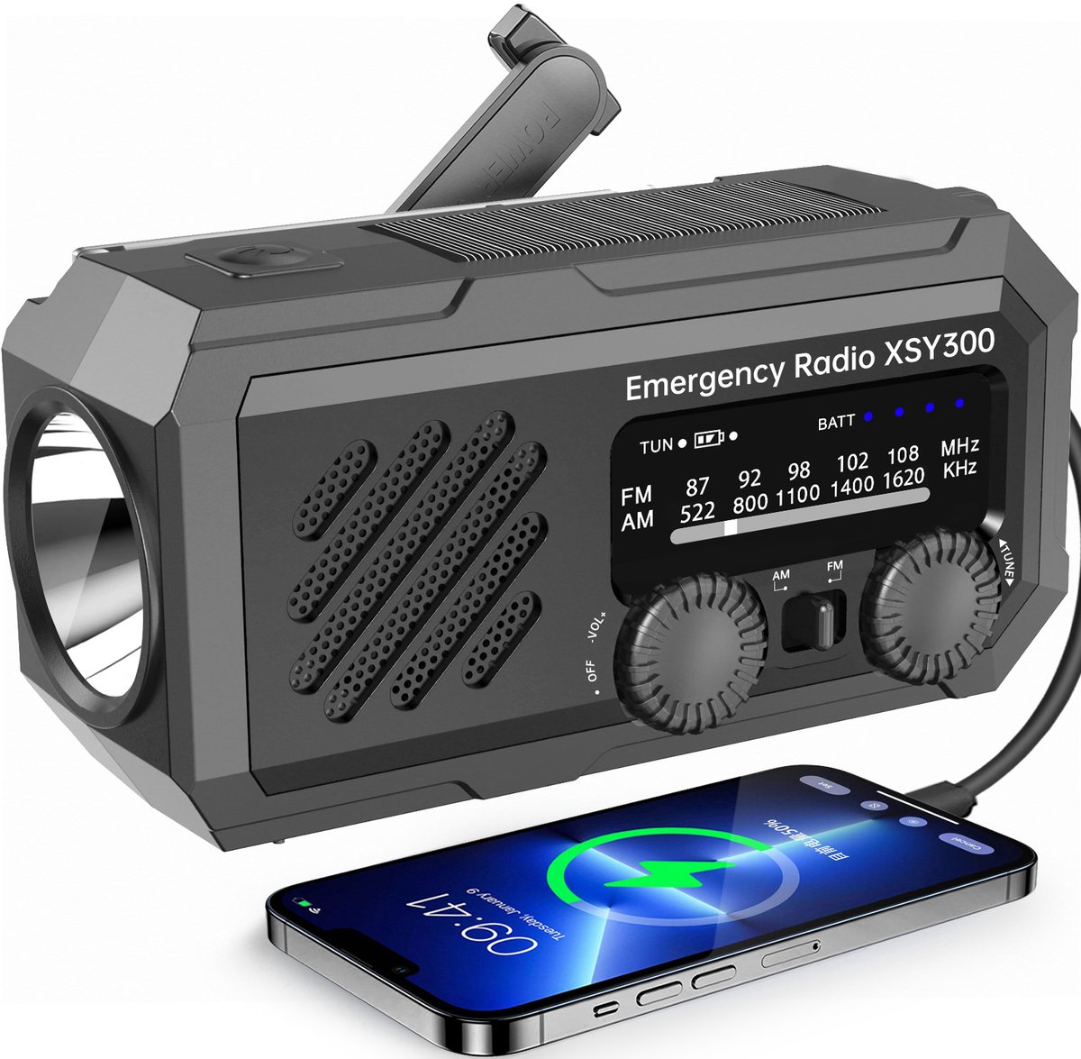 Handopwindbare zonne-energiecassetteradio – draagbare noodradio met leeslampje voor rampenparaatheid – AM/FM – zwart