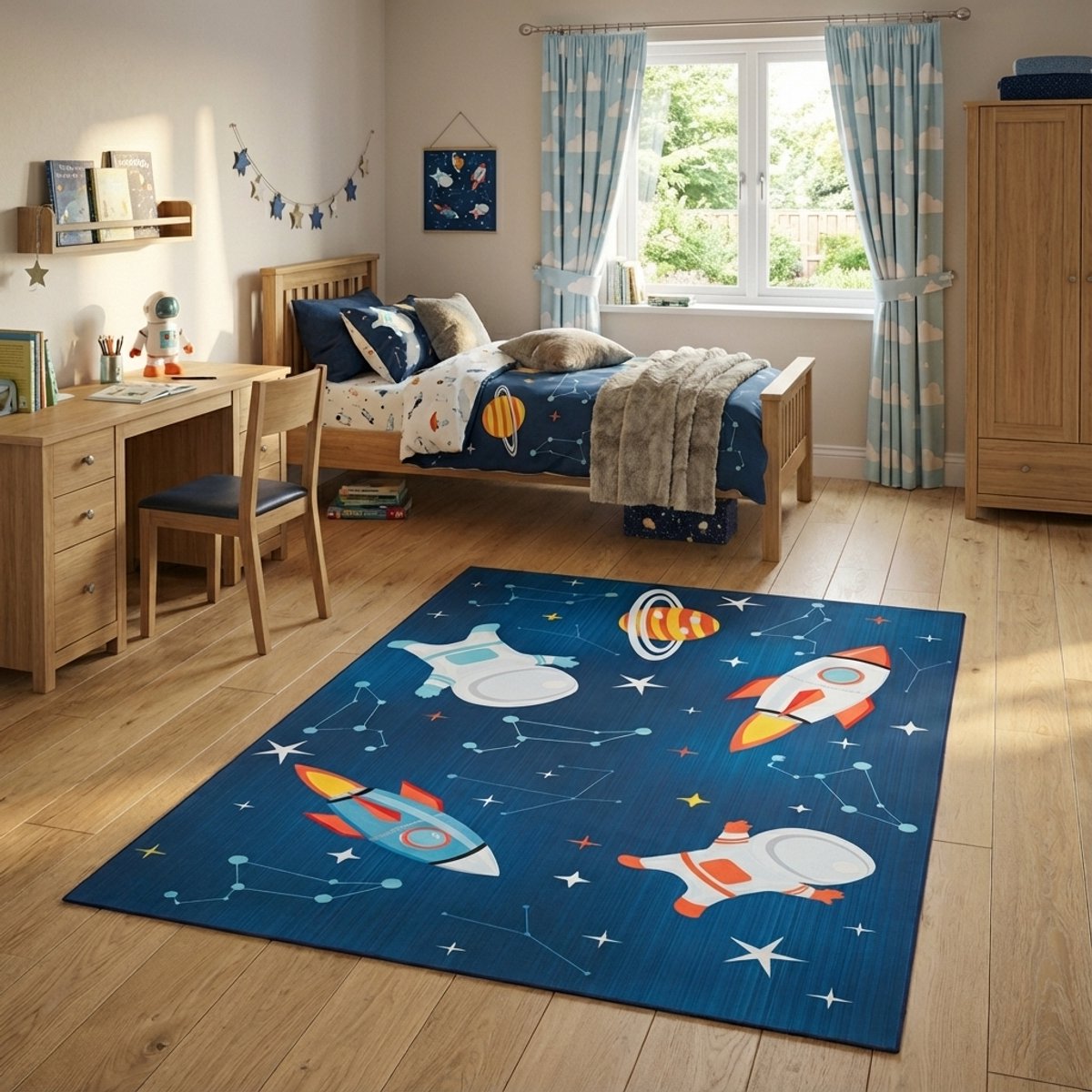 Tapiso Snooki Vloerkleed voor Kinderkamer Ruimtevaart Speelkleed met Raketten & Planeten J