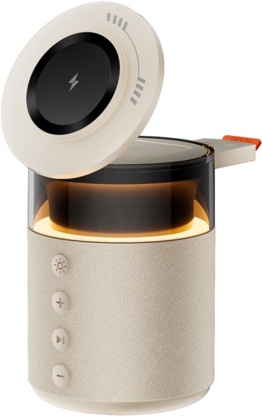 Draadloze 5-in-1 oplader en Bluetooth speaker met lamp, geschikt voor smartphone, earbuds en smartwatch, taupe