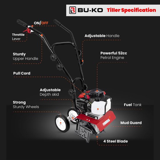 Benzine Tuinfrees - Motor cultivator Bodemwoeler - Bodem losmaken - Krachtige 52CC motor - 28cm werkbreedte - Zwart en Oranje van Merkloos	 — afbeelding 3