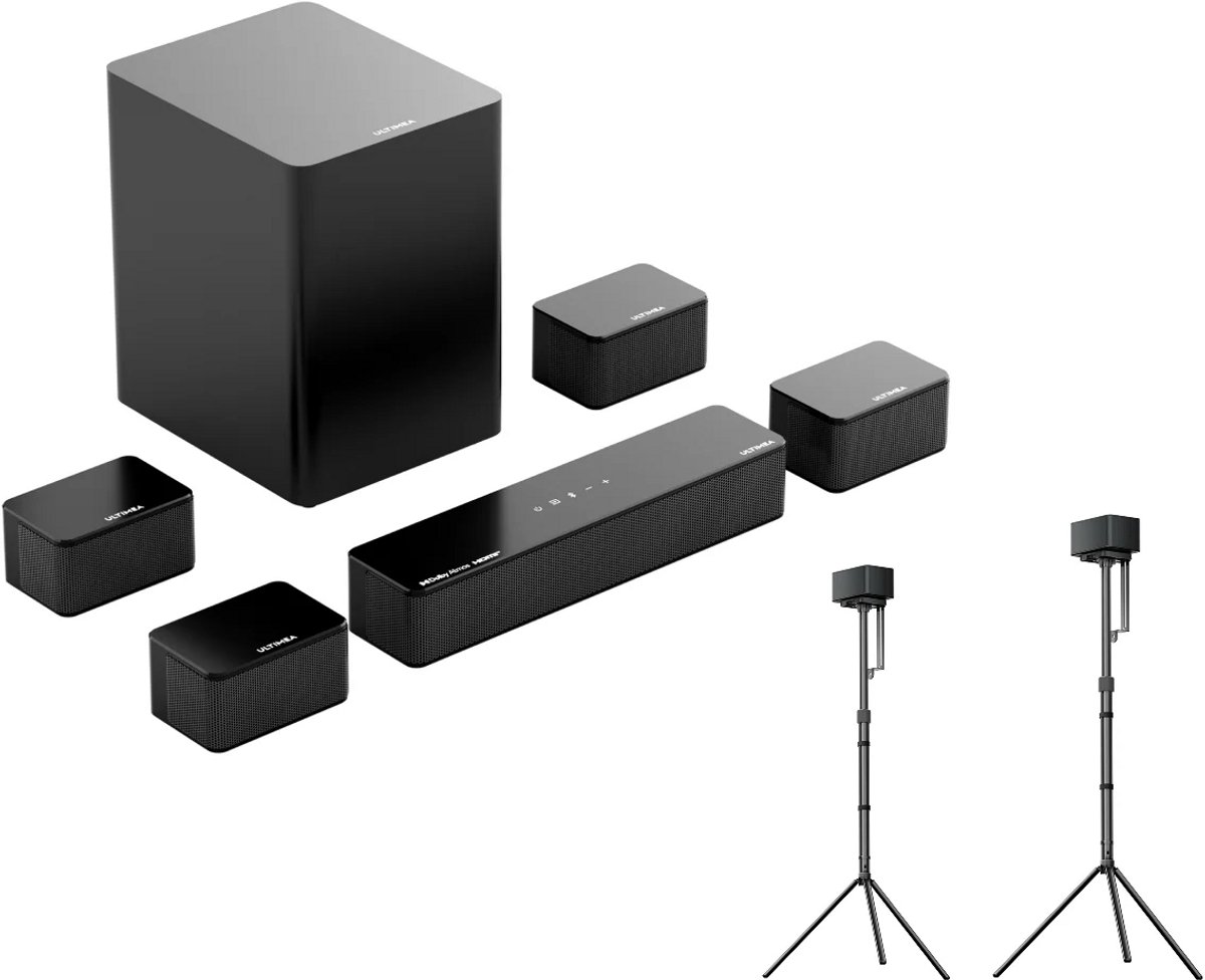 ULTIMEA Poseidon D80 Boom 7.1 Soundbar met Dolby Atmos inclusief 2 Steady 310 Speakerstandaarden - Draadloze Subwoofer & 4 Surround Speakers