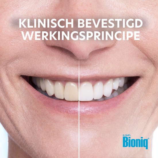 Vergelijking van tanden voor en na gebruik. De tanden aan de rechterkant zijn witter en stralender. "Klinisch bevestigd werkingsprincipe".