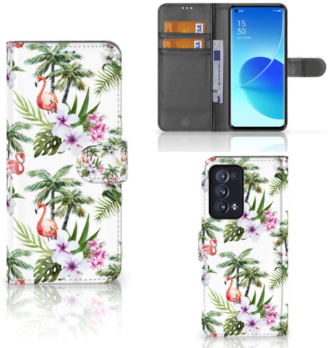 OPPO Reno 6 Pro Plus 5G Telefoonhoesje met Pasjes Flamingo Palms
