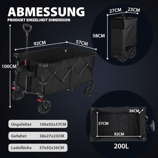 Bolderkar-Heavy-duty terreinkar-XXL Plus Opvouwbare Kar- 200L/capaciteit 200kg-Wielen met remmen-duurzaam canvas-Donkergrijs. van Merkloos — afbeelding 5