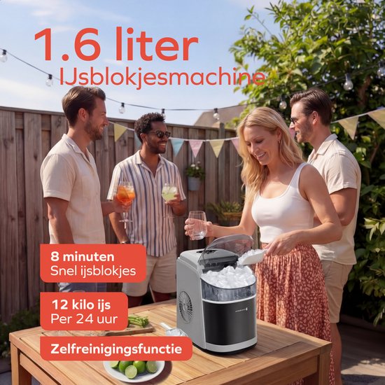 KitchenBrothers IJsblokjesmachine - 1.6L - 8 min. - 12kg/24u - Zelfreinigingsfunctie - IJsblokmaker met IJsschep - RVS van KitchenBrothers — afbeelding 2