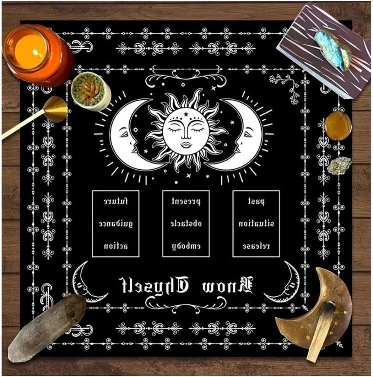 Spirituele Tarot Tafelkleed met Maanfasen en Bloemen - Altar Dekentje voor Witchcraft en Astrologie - 75 x 75 cm Tapestry