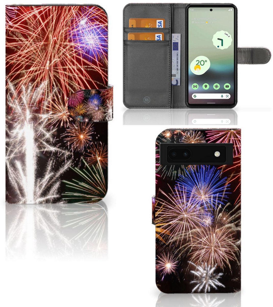 Google Pixel 6A Wallet Case met Pasjes Vuurwerk