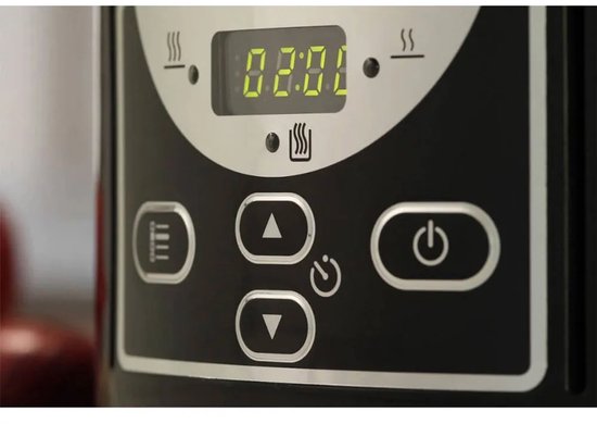 Close-up van het digitale bedieningspaneel van een zwarte Crock-Pot slowcooker met een timer van 02:01.