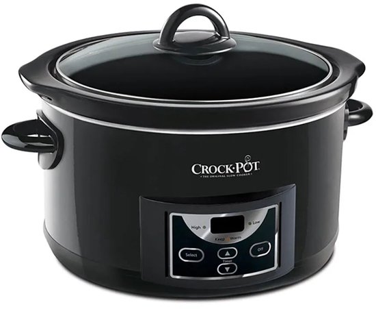 Zwarte Crock-Pot slowcooker met glazen deksel en digitaal bedieningspaneel.