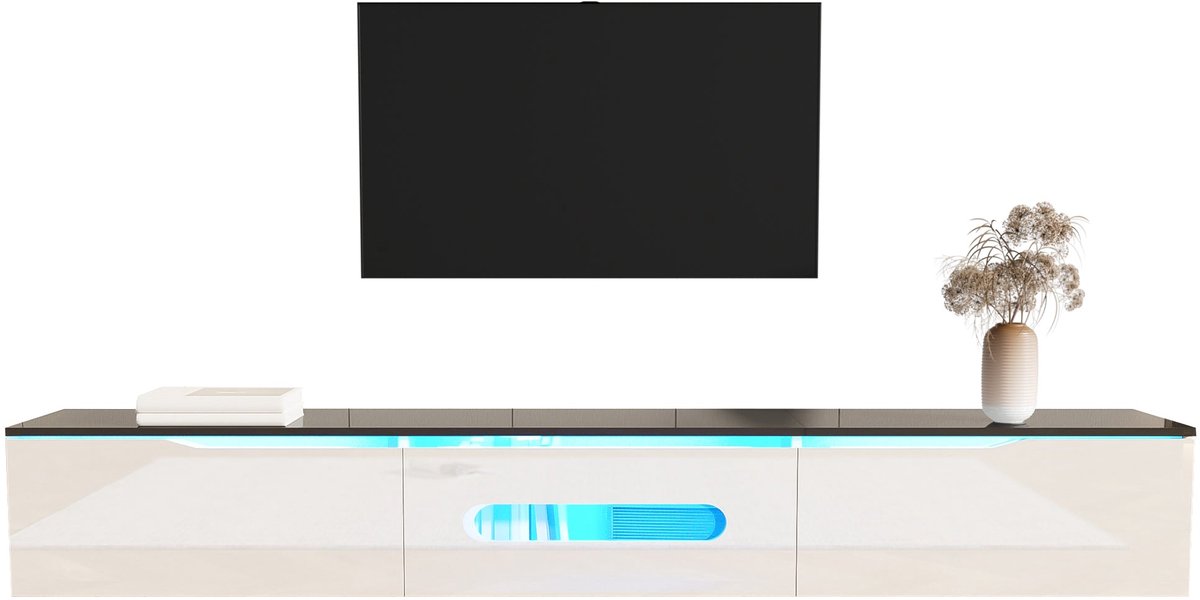 Merax TV Meubel 180 cm – Zwevend TV Kast met LED Verlichting – Hoogglans TV Kast Zwart/Wit – Wandmontage of Staand – TV Meubel met Opbergruimte