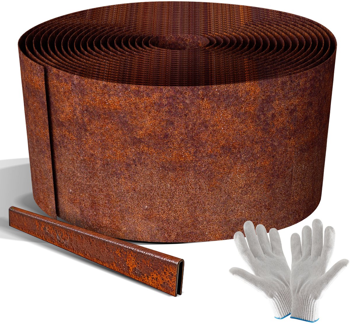 Tuinafboording op Rol 15m x 15 cm, Flexibele Stalen Gazonrand met Omgevouwen Randen, roestkleur