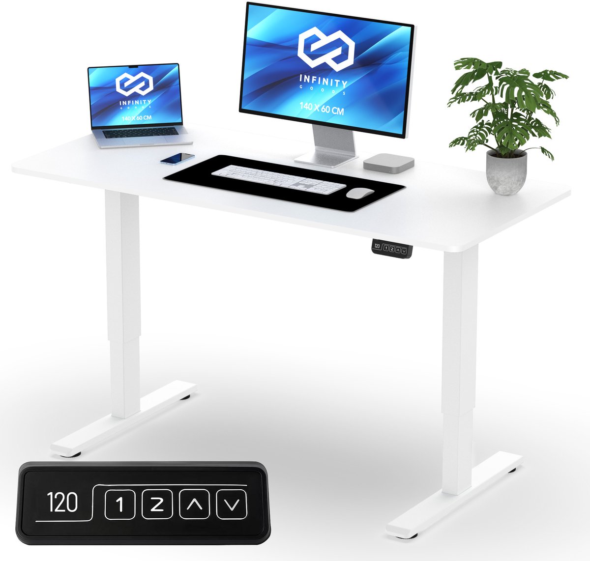 Infinity Goods Zit Sta Bureau - Elektrisch Verstelbaar In Hoogte - 140 x 60 CM - Geheugenfunctie - Wit