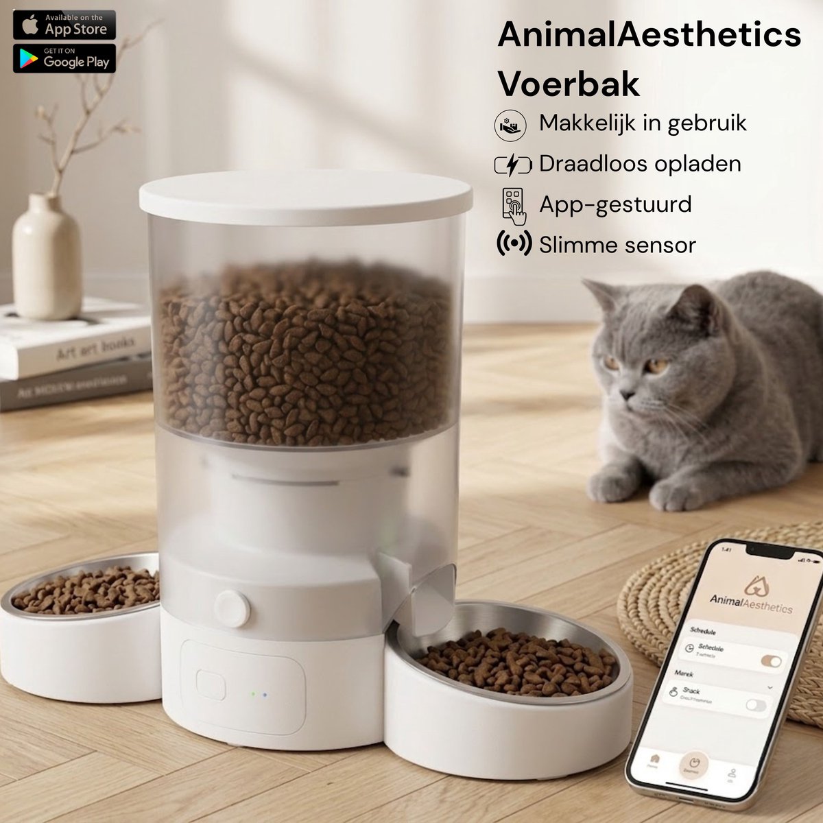 AnimalAesthetics Automatische Voerbak voor Kat & Hond Wit – App-bediening, Twee Bakken van Roestvrijstaal, Voerautomaat Kat 3L thumbnail 2
