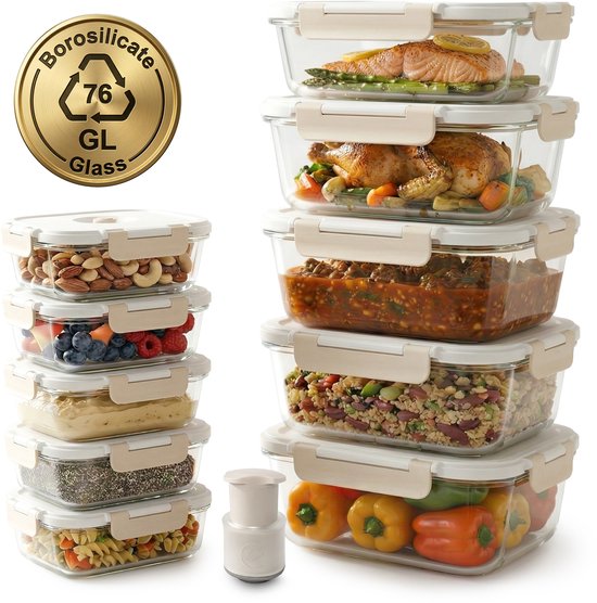 Élanor Glazen Vershoudbakjes met Vacuümpomp – Lekvrij & Luchtdicht - Borosilicaatglas - Meal Prep Bakjes -5x Langer Vers Door Vacuümdeksel -10-delig Diepvriesbakjes