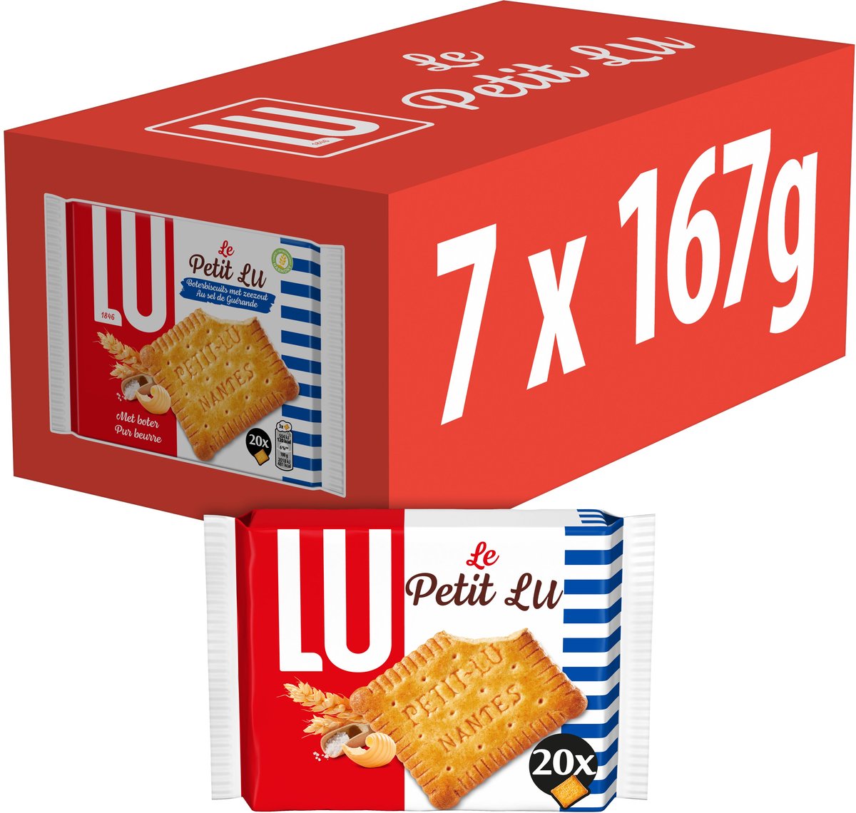 LU Petit Beurre Koekjes Boterbiscuits Zeezout 7 x 167g (20 x 8,3g) - Boterkoek - Knapperige koek - Koek voor Onderweg - Koffie - Thee - Werk - Voorraad
