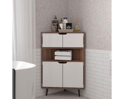 SogesHome Houten hoekkast Muur Hoek Opbergkast Boekenkast Display Tafel Stand Kast, met Deuren en Open Plank, voor Kleine Plaatsen, Woonkamer, Wit & Teak, NSDCA-10CZSSLR03TK