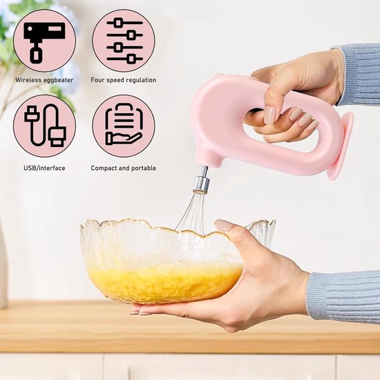 Draadloze Garde - Elektrische Mixer USB - Bakken en Mixen - 4 Snelheden - Compact Formaat - Roze — afbeelding 3
