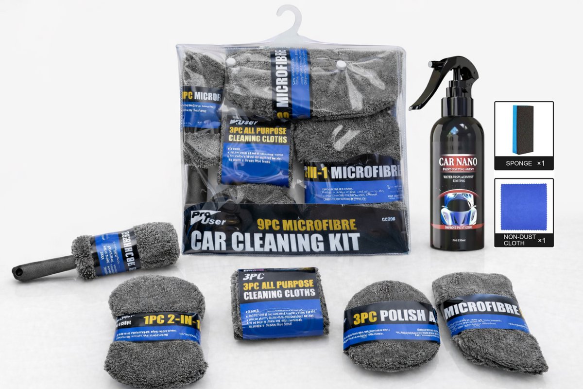TLVX Auto Schoonmaak Set Incl. 120ml Nano Coating Spray Fles / Car Cleaning Kit / Krasvrij Wassen / Professionele Autoreiniging / Ultieme Glans / Keramisch / Velgen Schoonmaken / Microvezel Washand / Borstel / Spons / Doeken / Polish Pads / 12-Delig
