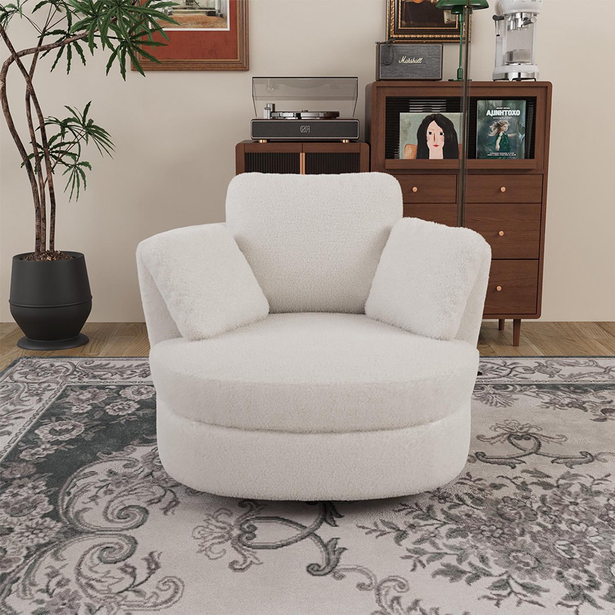 BLACKCOLORS Moderne XXL-fauteuil van ivoorkleurig imitatielamsleer, met 3 afneembare kussens en een zeer veerkrachtige zitvulling – comfortabele leesfauteuil voor de woonkamer, de slaapkamer en het kantoor.