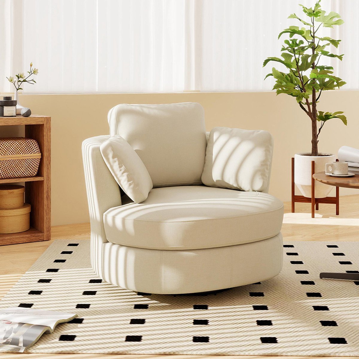 BLACKCOLORS Moderne XXL-fauteuil van beige chenille, 3 afzonderlijk te gebruiken kussens, zeer veerkrachtige zitvulling – comfortabele leesfauteuil voor de woonkamer, de slaapkamer en het kantoor