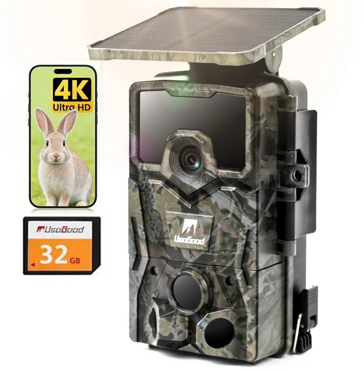Usogood Wildcamera met Nachtzicht - 4K Ultra HD - Wildcamera met Zonnepaneel - Oplaadbare lithium-Accu - Bewegingsdetectie - Waterdicht - Incl. 32GB SD