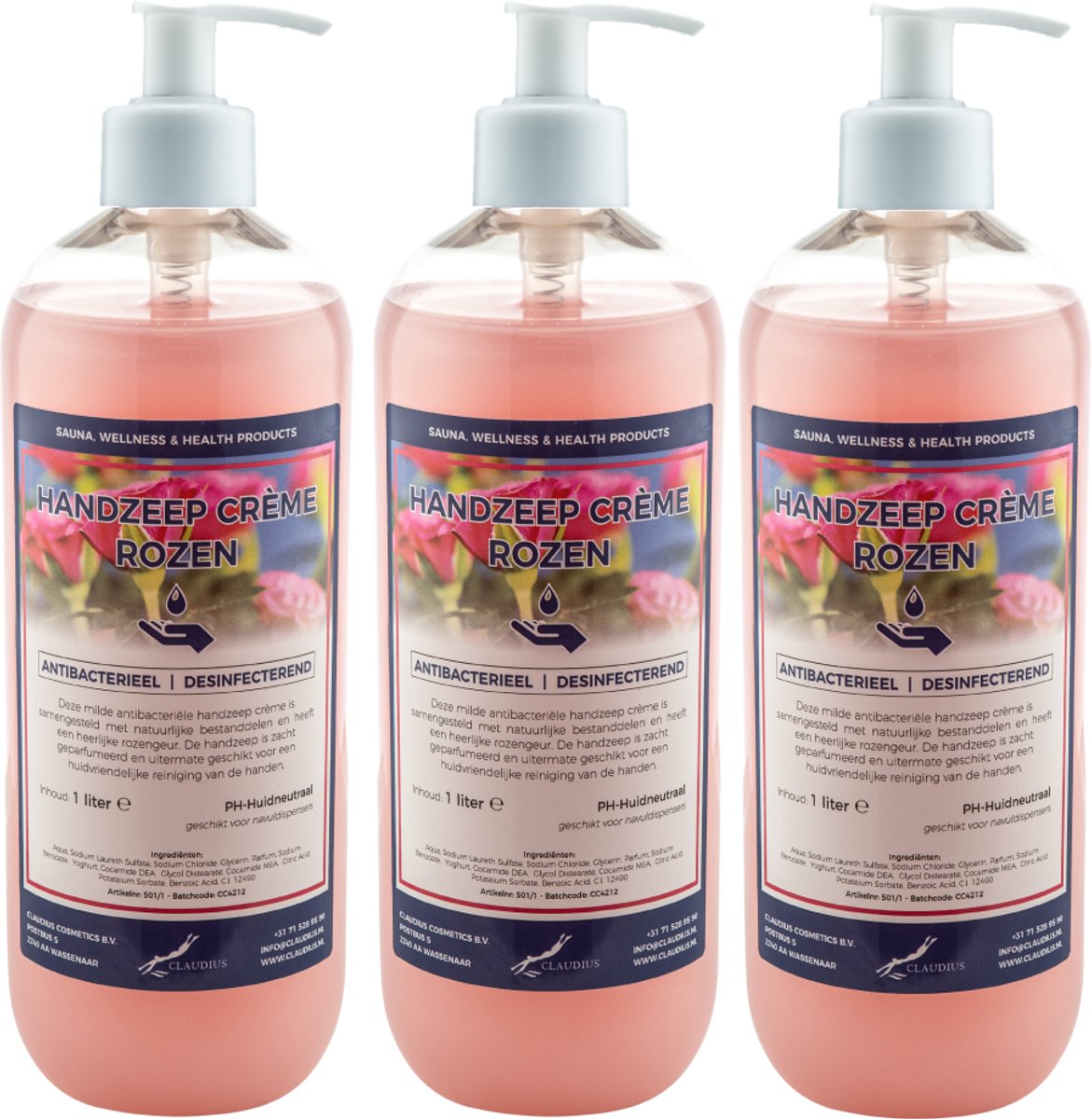 Handzeep Crème Rozen 1 liter - set van 3 stuks - met gratis pomp - Voordeelverpakking