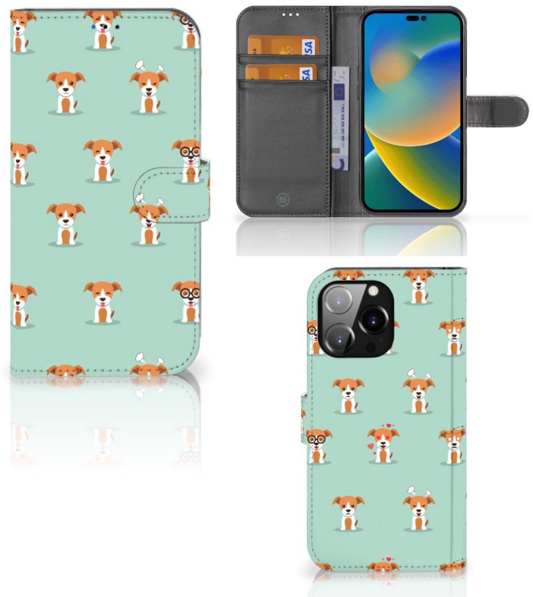 Book Case voor iPhone 14 Pro Max Telefoonhoesje met Pasjes Pups