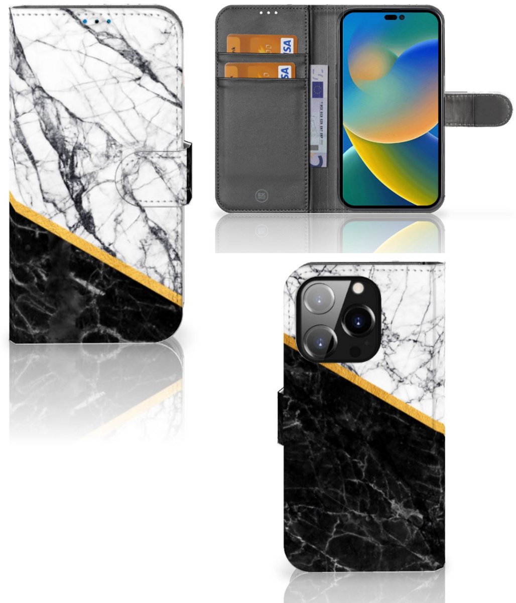 iPhone 14 Pro Bookcase Marmer Wit Zwart - Origineel Cadeau Man