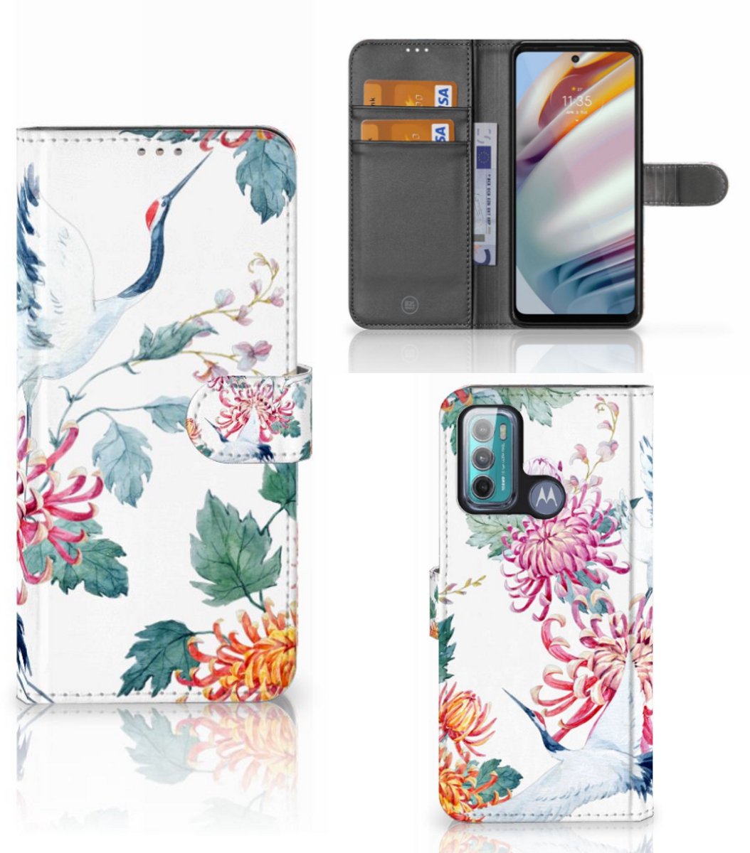 Motorola Moto G60 Telefoonhoesje met Pasjes Bird Flowers