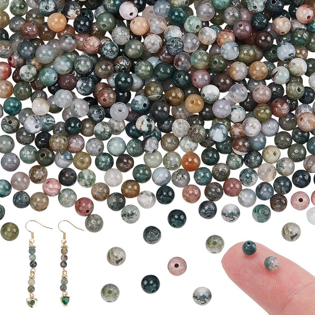 415 Stuks Indiase Agaat Kralen, 4mm Multicolor Ronde Natuurlijke Edelsteen Kralen voor Armband en Ketting, Gat: 1mm