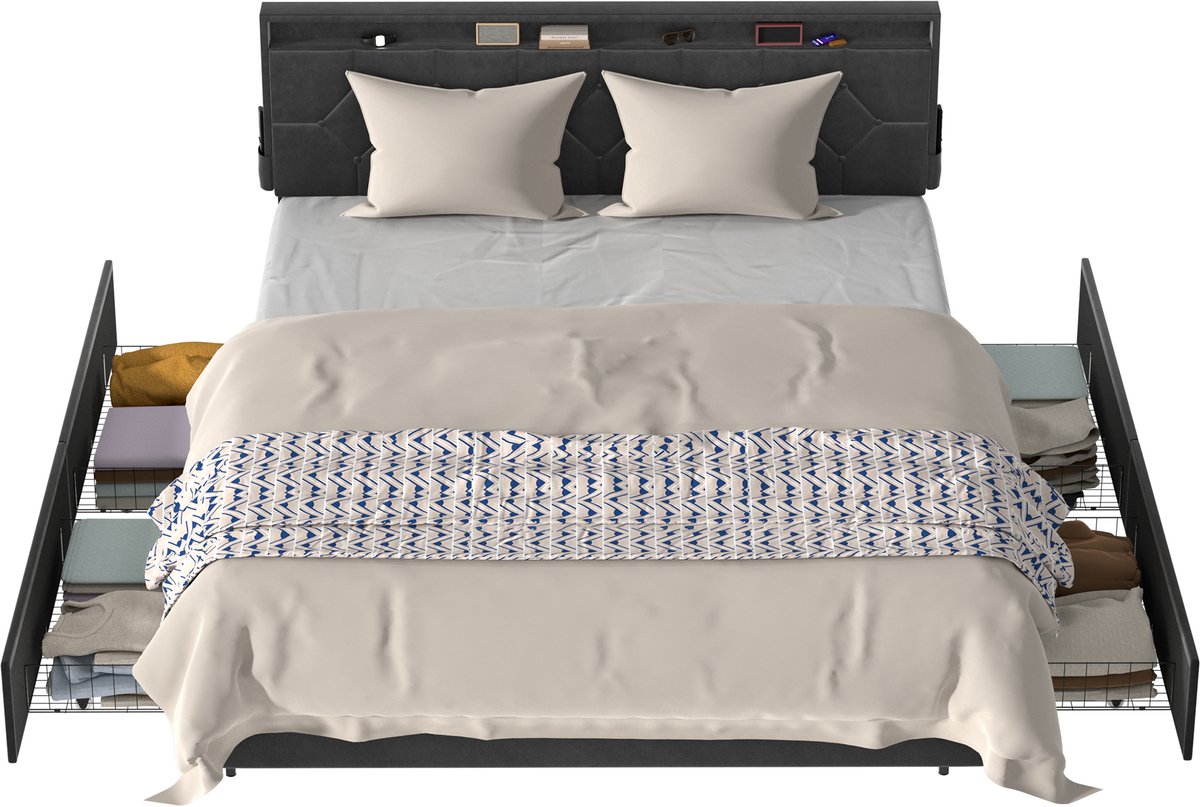 Froadp Platformbed van stof 160 x 200 cm, gestoffeerd hoofdeinde, bedframe voor eenpersoonsbed, bedframe in donkergrijs, modern design voor de slaapkamer