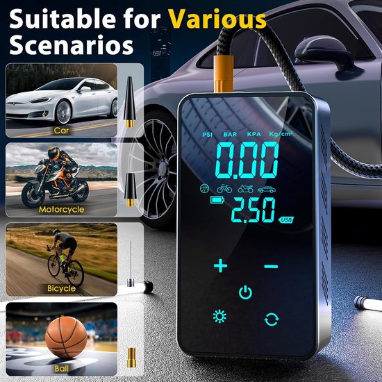 Fietspomp - Fietspomp elektrisch - Elektrische luchtpomp - Draagbare luchtcompressor - Elektrische bandenpomp van 150 PSI - Draadloze elektrische luchtpompcompressor met touchscreen/verlichting - Voor motorfiets - Fiets en auto — afbeelding 5