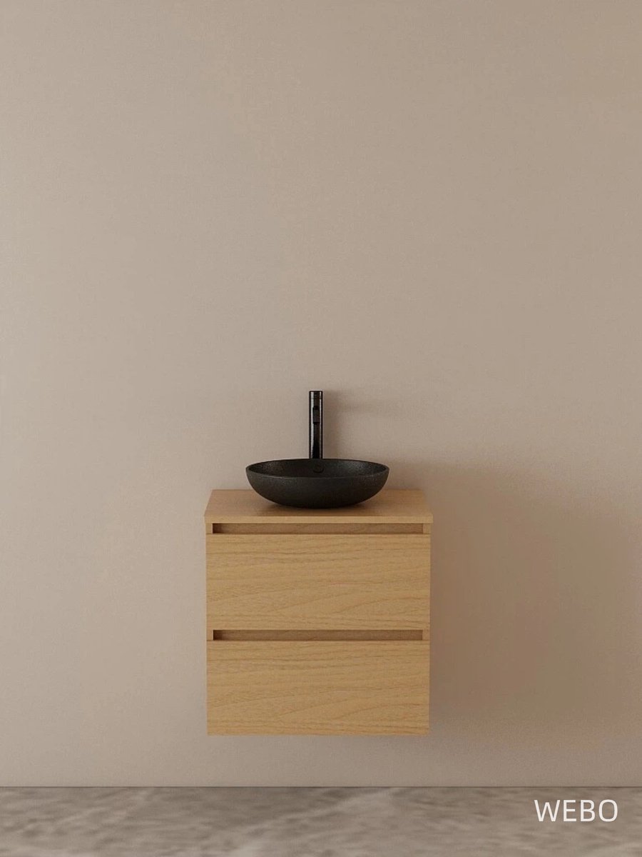 WEBO 60cm Sydney Oak eiken badkamermeubel volledige set INCLUSIEF mat zwarte waskom en mat zwarte kraan - COMPLETE SET