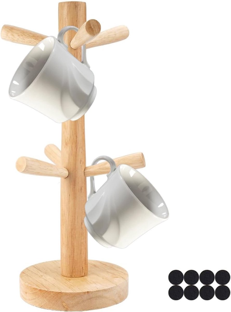Houten Mokkenstandaard voor Keukenblad met 6 Armen en 8 Siliconen Pads - Ideaal voor Koffiekoppen en Pretzels