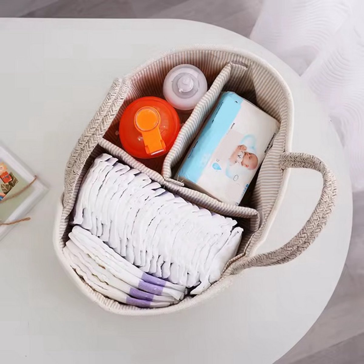 Katoenen Luiermand met Handvatten – Baby Organizer met 3 Vakken – Commode Organizer / Diaper Caddy – Opbergmand Baby – Crème Beige – foto 2
