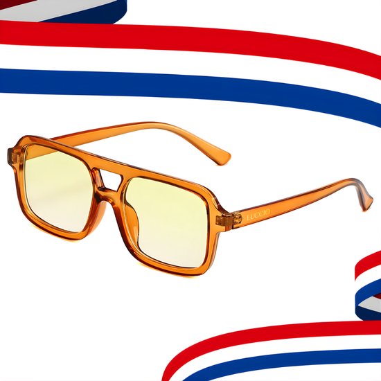 LUCCIO - Koningsdag bril - Oranje bril - Koningsdag accessoires - Retro bril - Mode bril - Festivalbril - Technobril - Rave bril - Festival zonnebril - Oranje - Carnaval bril - Dubbele brug