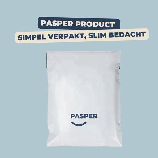 Een witte verpakkingstas met de tekst 'PASPER PRODUCT SIMPEL VERPAKT, SLIM BEDACHT' en het PASPER logo.