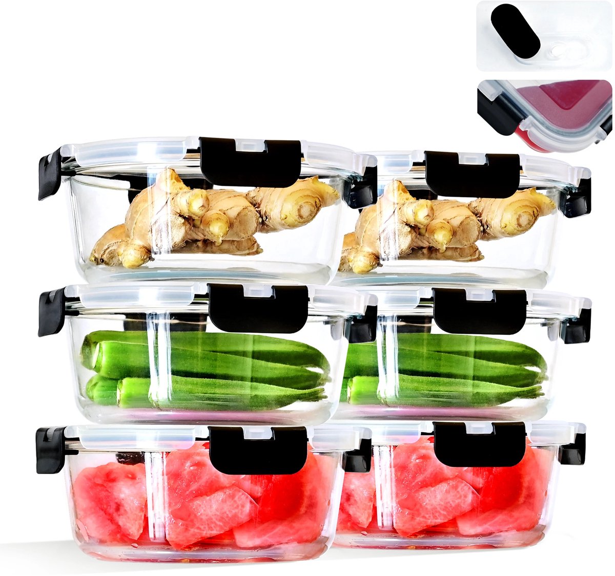 Mealprep bakjes - 6 Glazen voedsel containers - 6x 950 ml - Glas - Vierkant - Luchtdicht - Voor Koelkast - Vriezer - Oven - Diepvries - Magnetronbestendig - Voor Lunch - Snacks - Bewaren
