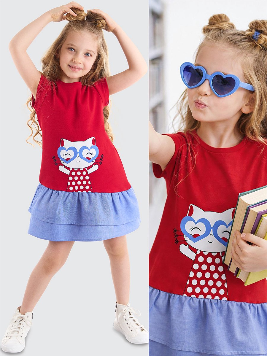 Denokids CFF-22Y2-005 Rode Meisjesjurk met Kattenprint 110