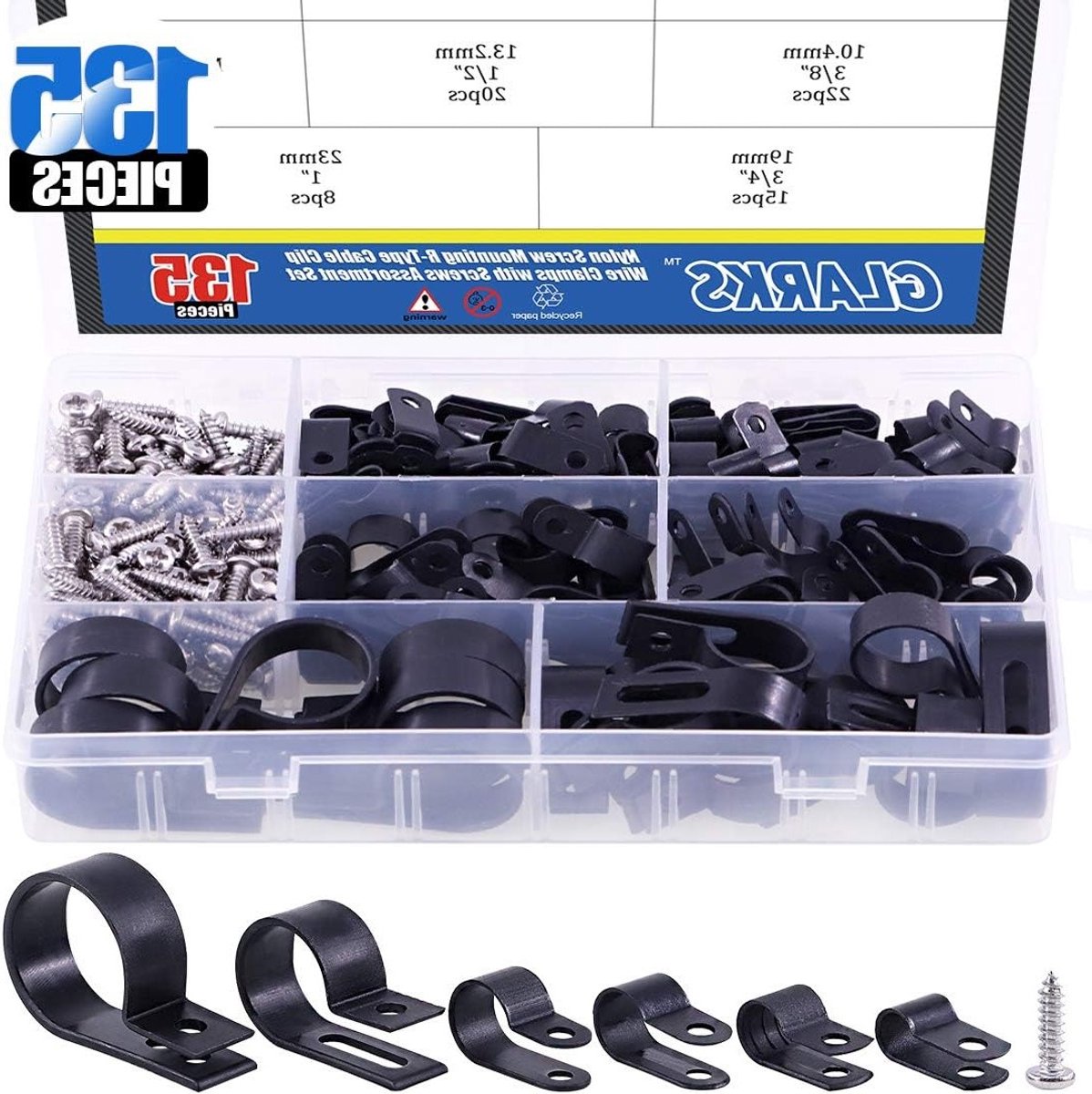 135 Stuks Zwarte Nylon Kabelclips met 132 Schroeven - R-Type Bevestiging voor Kabels en Leidingen, 6 Maten van 1/4" tot 1