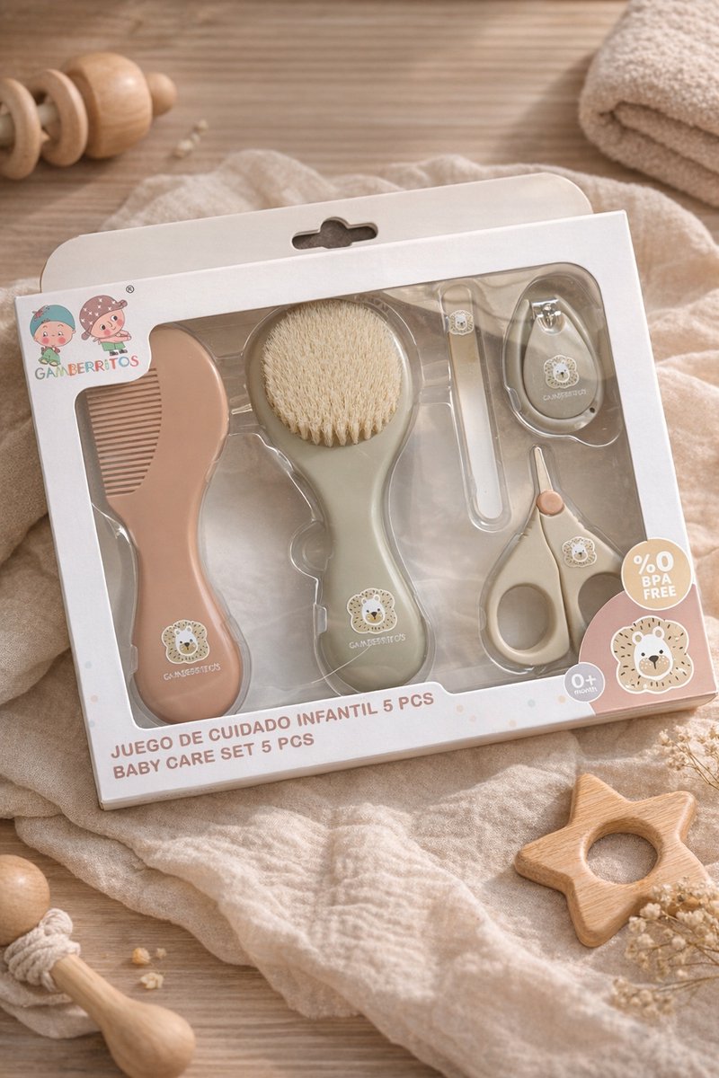 5 delige verzorgingsset baby | bruin | taupe | nagelknipper | borstel | haarkam | nagelvijl