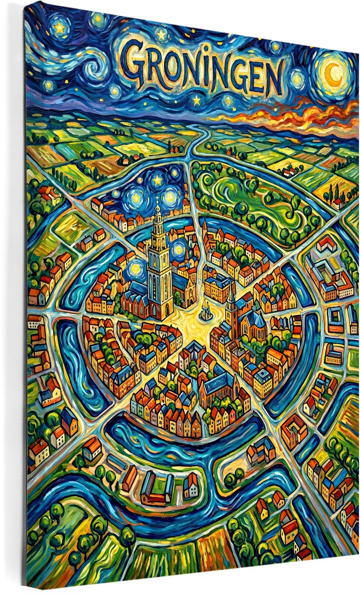 Stadsposter Groningen wanddecoratie op canvas afmeting 75x100cm - stadskaart - plattegrond - schilderij stad - steden posters