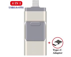 4-in-1 USB Flash Drive 128GB USB 3.0 Geheugenstick – Externe Opslag, geschikt voor iPhone, Android, Telefoon, Type-C & Windows (USB stick, geheugenkaart, opslag stick, OTG)- Zilver